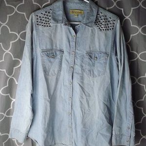 Democracy Denim BeDazzled Y2K Style Snap Button Up Long Sleeve Shirt  Size Large